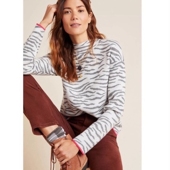 Anthro 🔥SALE🔥 Anthropologie Lizzie gray and white zebra mock turtleneck sweater - Picture 1 of 11